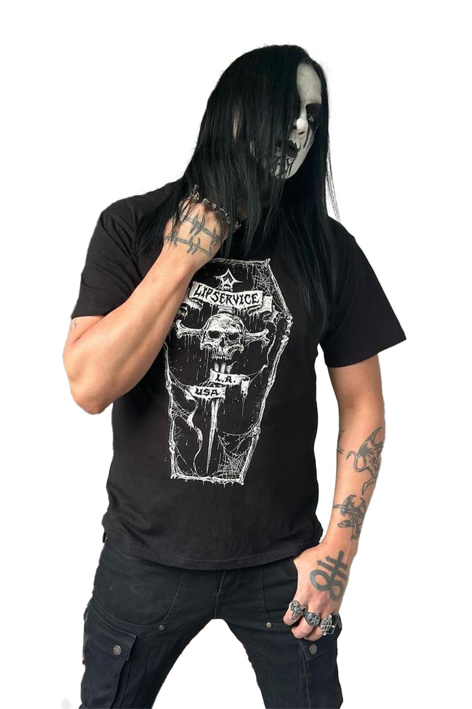 Lip Service Coffin front Dagger Banner back T-shirt-Tops-Lip Service