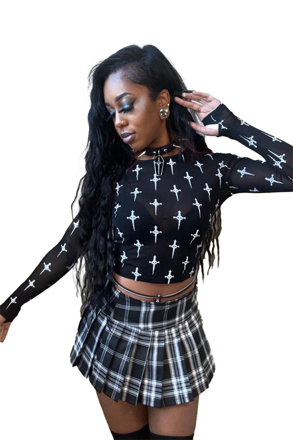 Dagger Mesh Sheer Logo Print Long Sleeve Top-Tops-Lip Service
