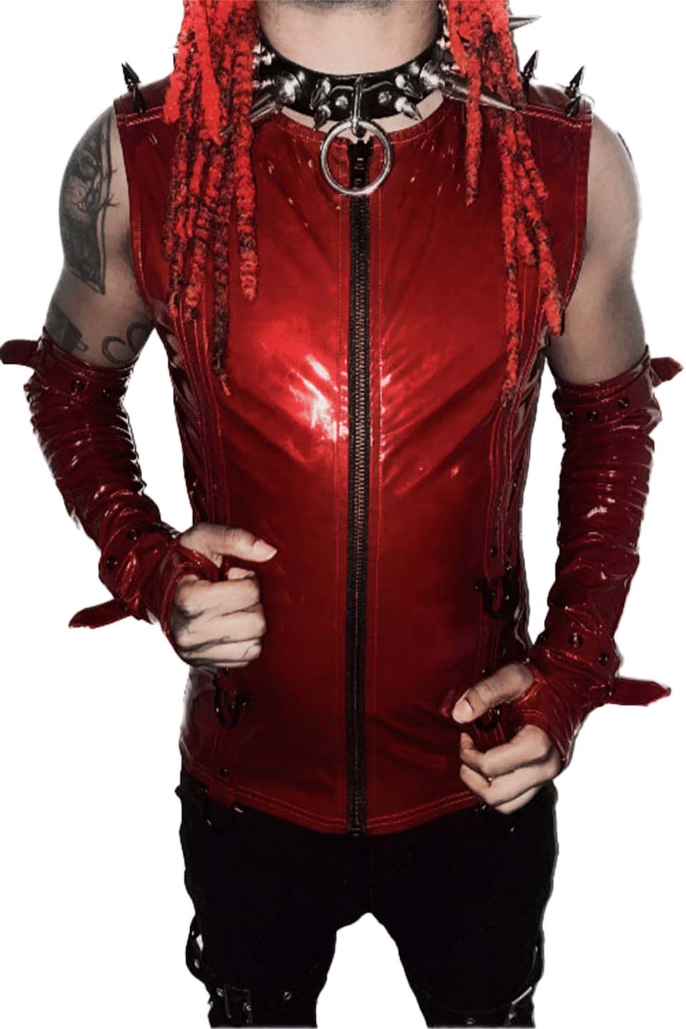 Men's Dungeon Master Sleeveless Vinyl PVC Shirt in Vampire Red-Tops-Lip Service