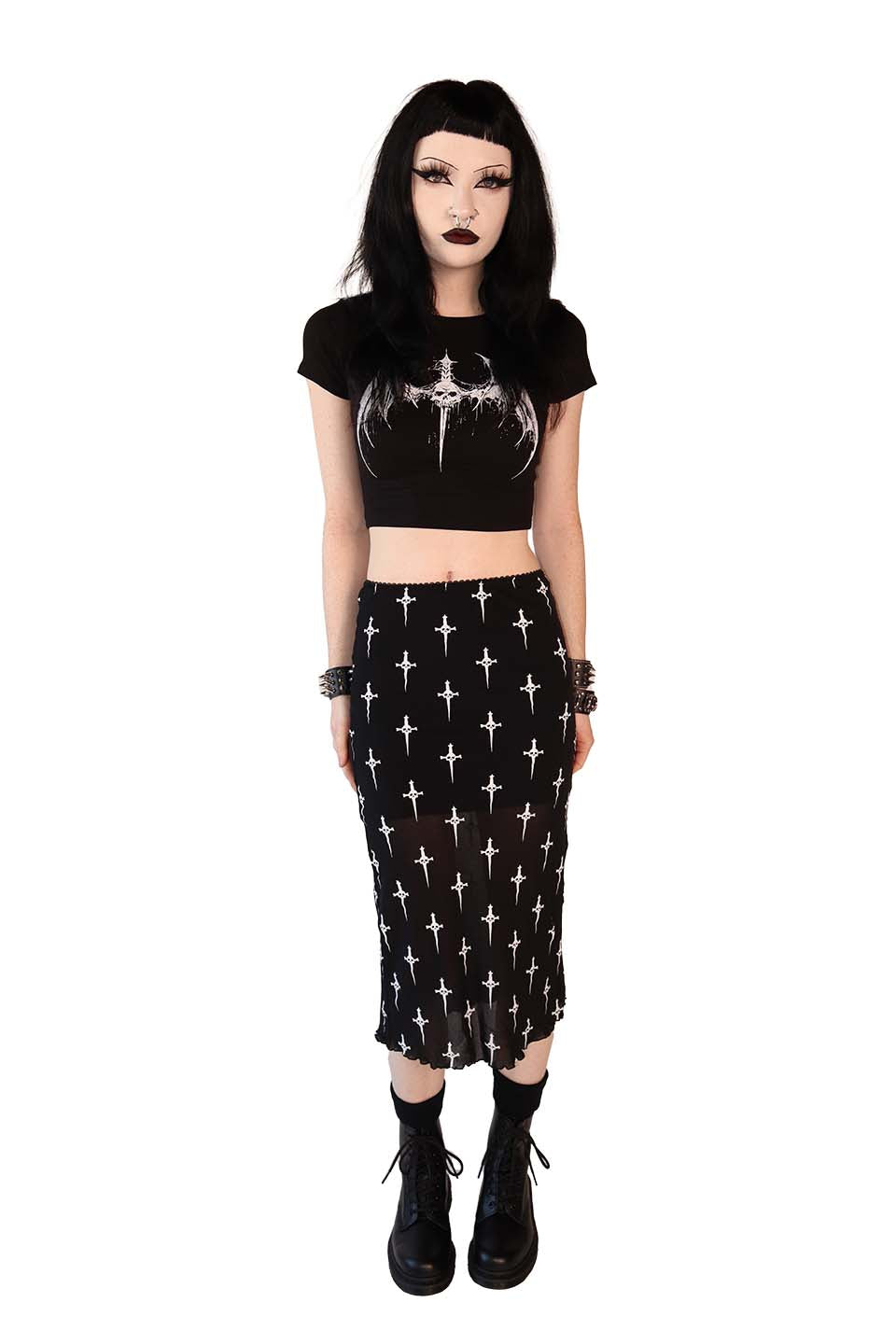 Dagger Print Mesh Midi Skirt-Skirts-Lip Service