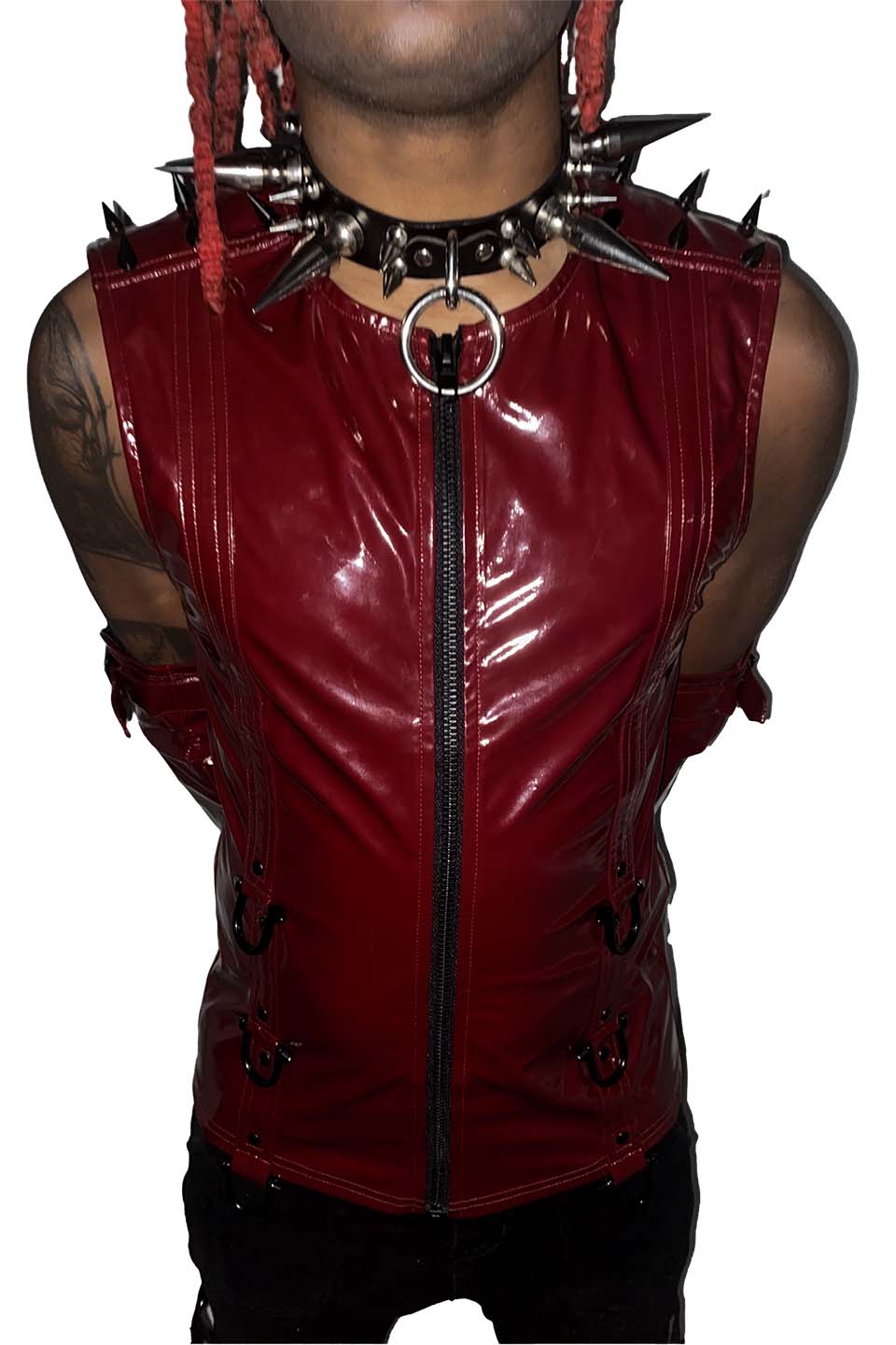 Men's Dungeon Master Sleeveless Vinyl PVC Shirt in Vampire Red-Tops-Lip Service