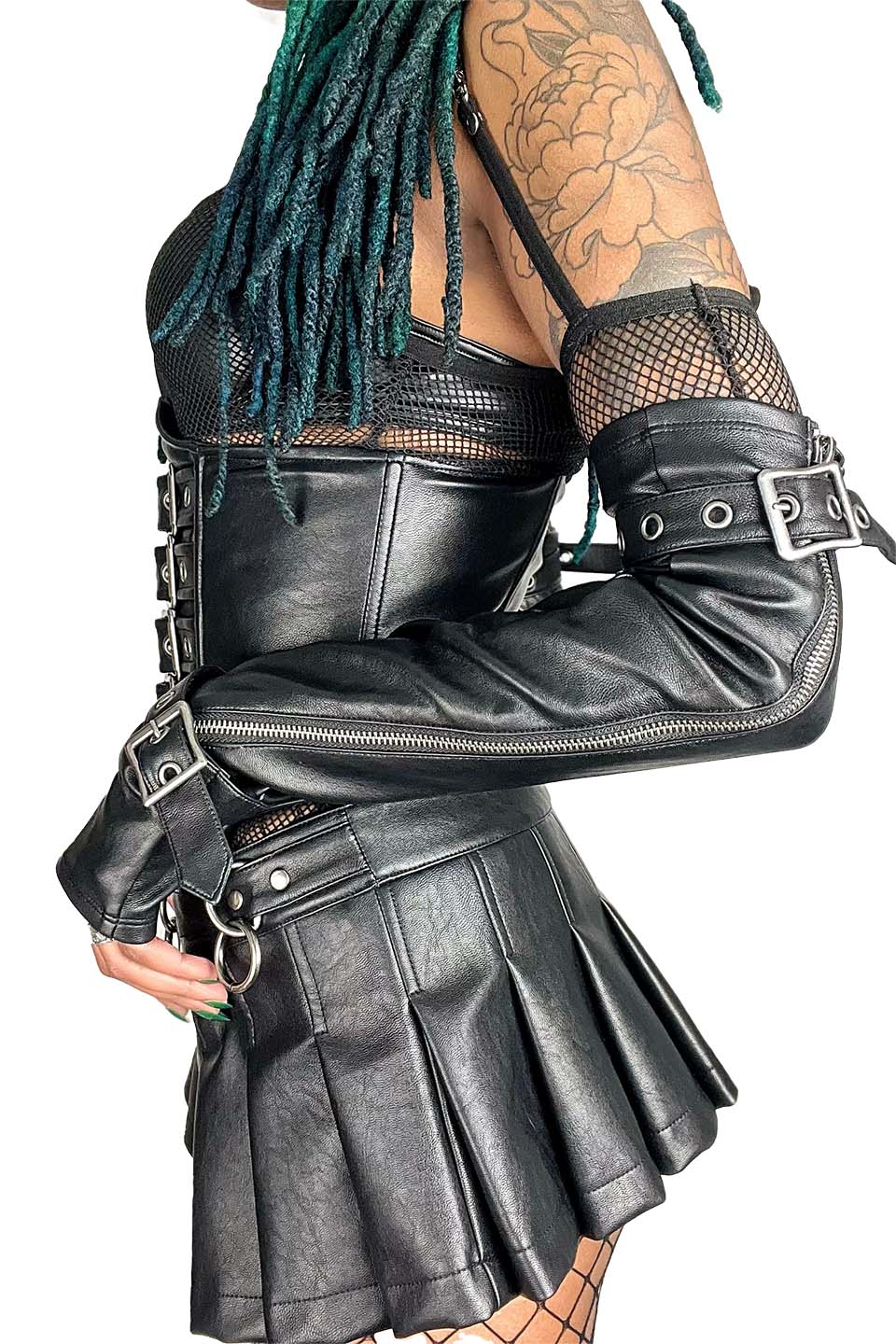 Elbow Length Fingerless Gloves in Matte Black Vegan Leather-Accessories-Lip Service