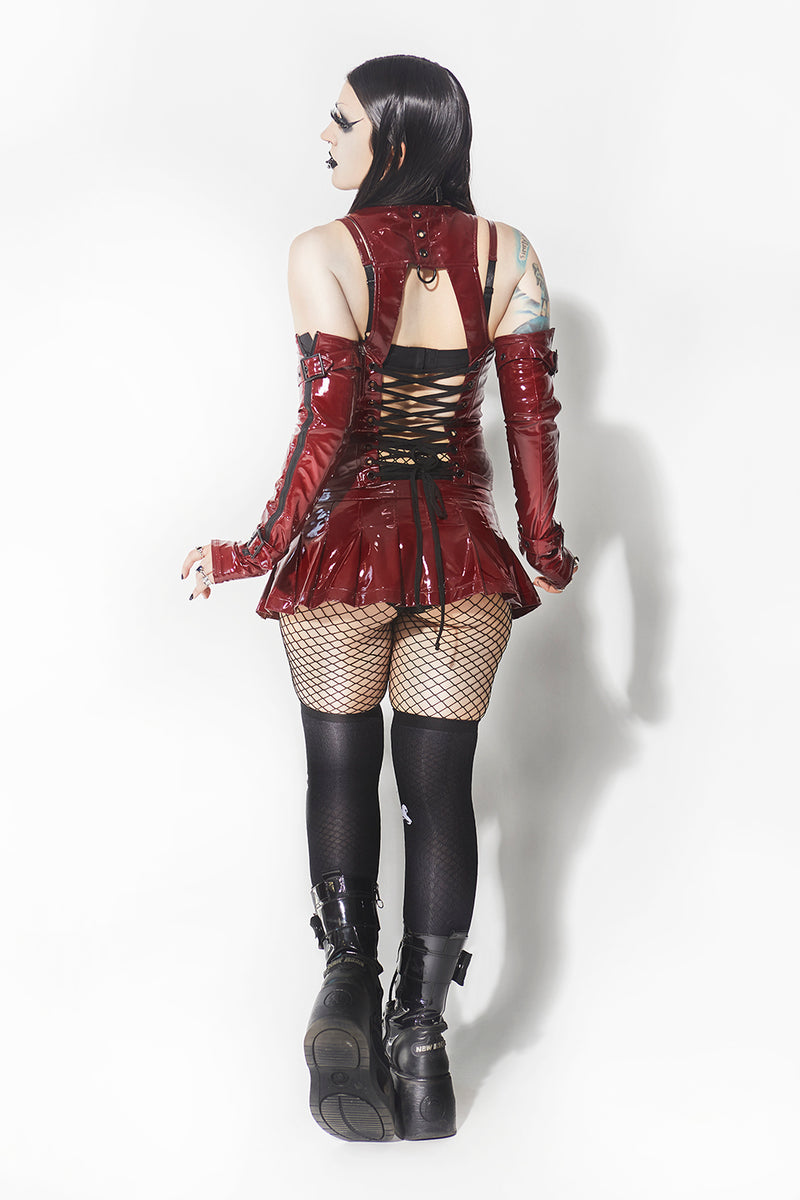 Vinyl Pleated Micro Mini Bondage Skirt in Vampire Red-Bottoms-Lip Service