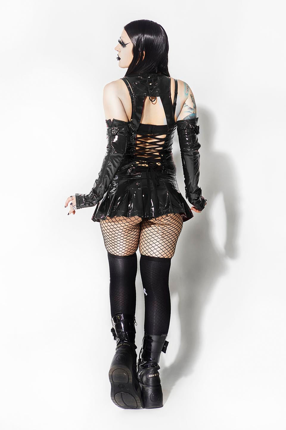 Vinyl PVC Pleated Micro Mini Skirt with Antique Nickel Bondage Rings-Bottoms-Lip Service