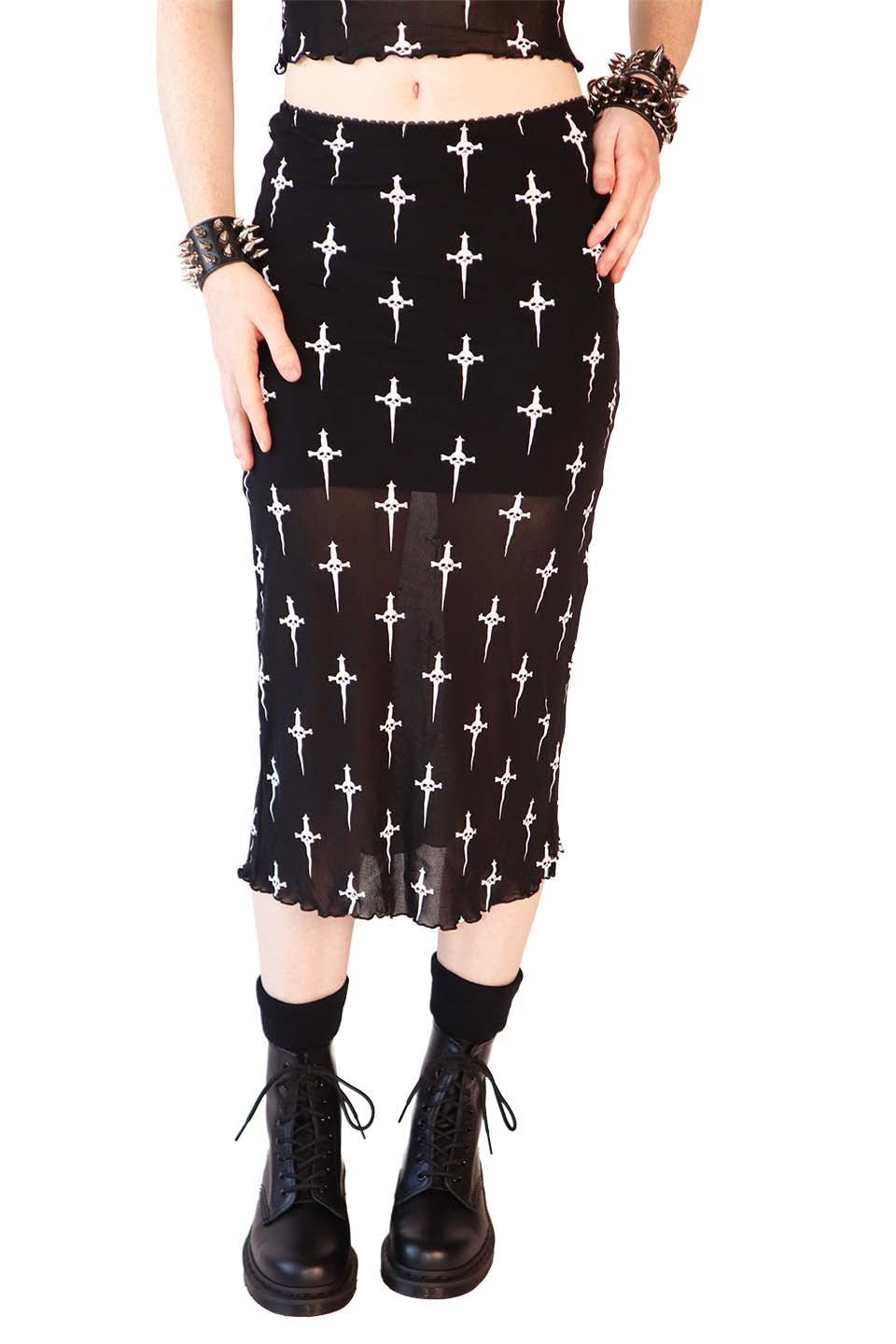 Dagger Print Mesh Midi Skirt-Skirts-Lip Service