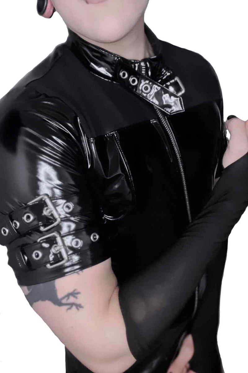 Men's Short Sleeve Vinyl PVC and Mesh Buckle Shirt-Tops-Lip Service