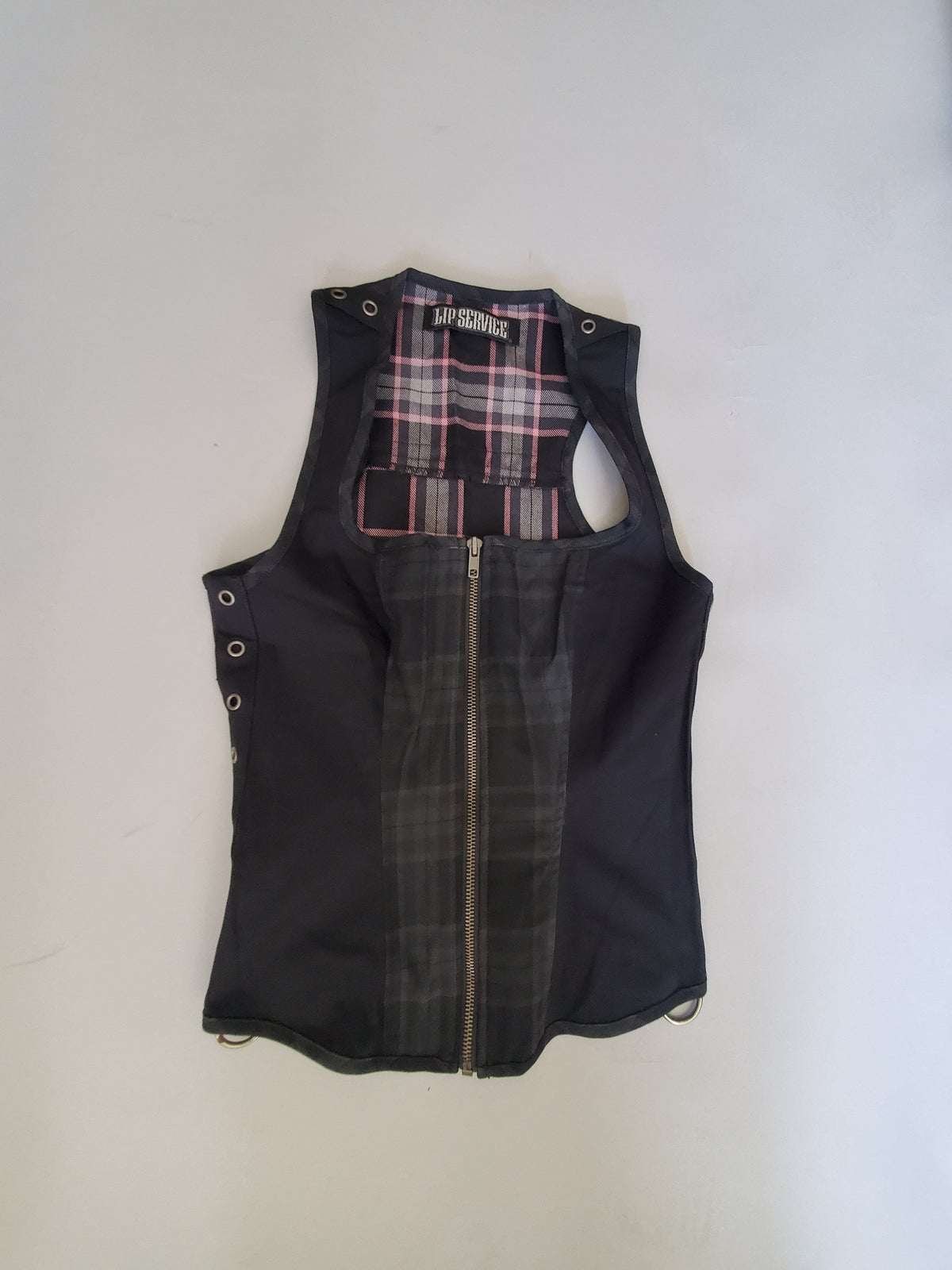 Punk & Disorderly Overdyed Black & Pink Plaid Zip Up Top - size M-Tops-Lip Service