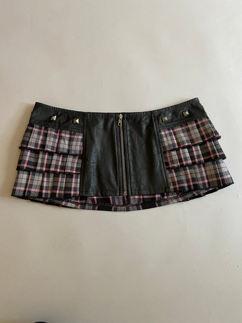 Vintage Lip Service Coated Black and Pink Plaid Peated Hem Micro Mini.-Skirt-Lip Service