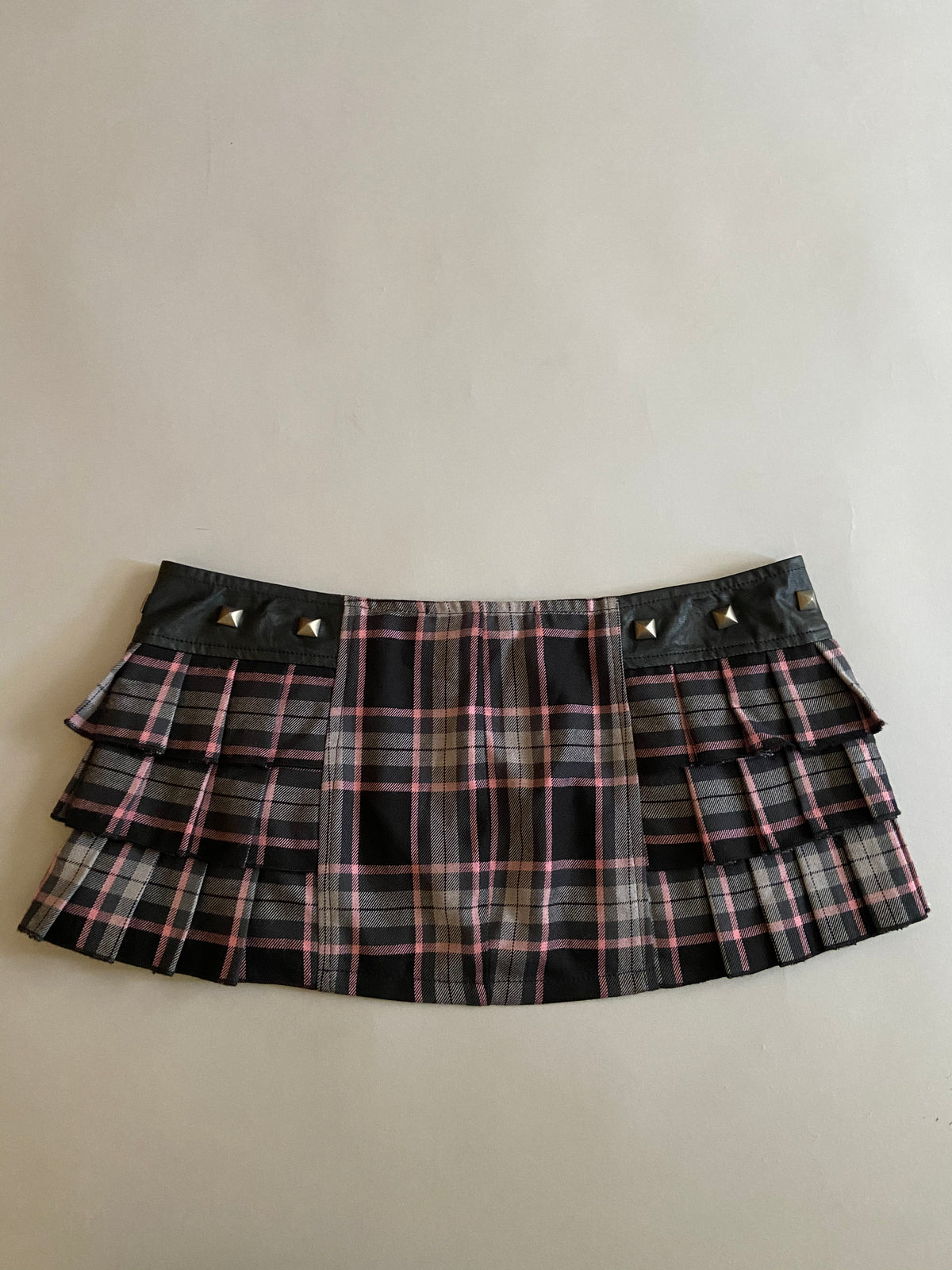 Vintage Lip Service Coated Black and Pink Plaid Peated Hem Micro Mini.-Skirt-Lip Service