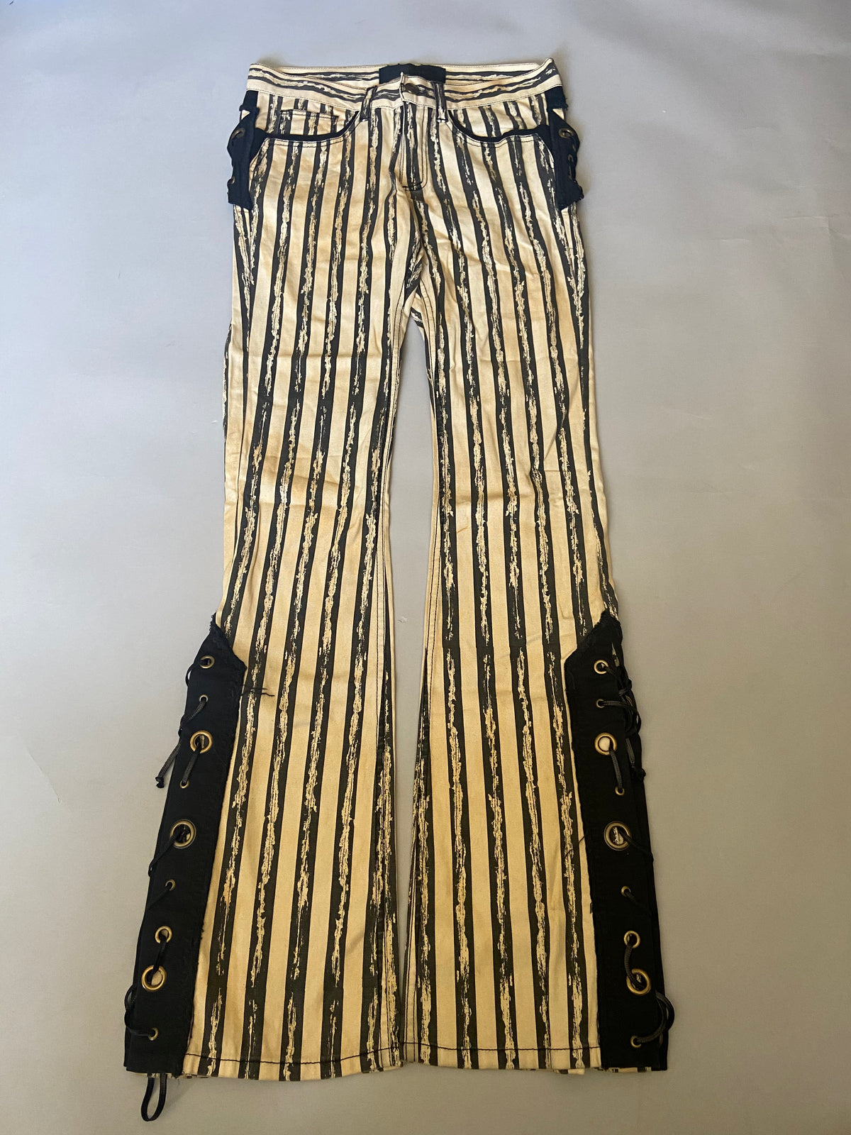 Men's Cream & Black Vertical Stripe Steampunk Pant - size 34-PANTS-Lip Service