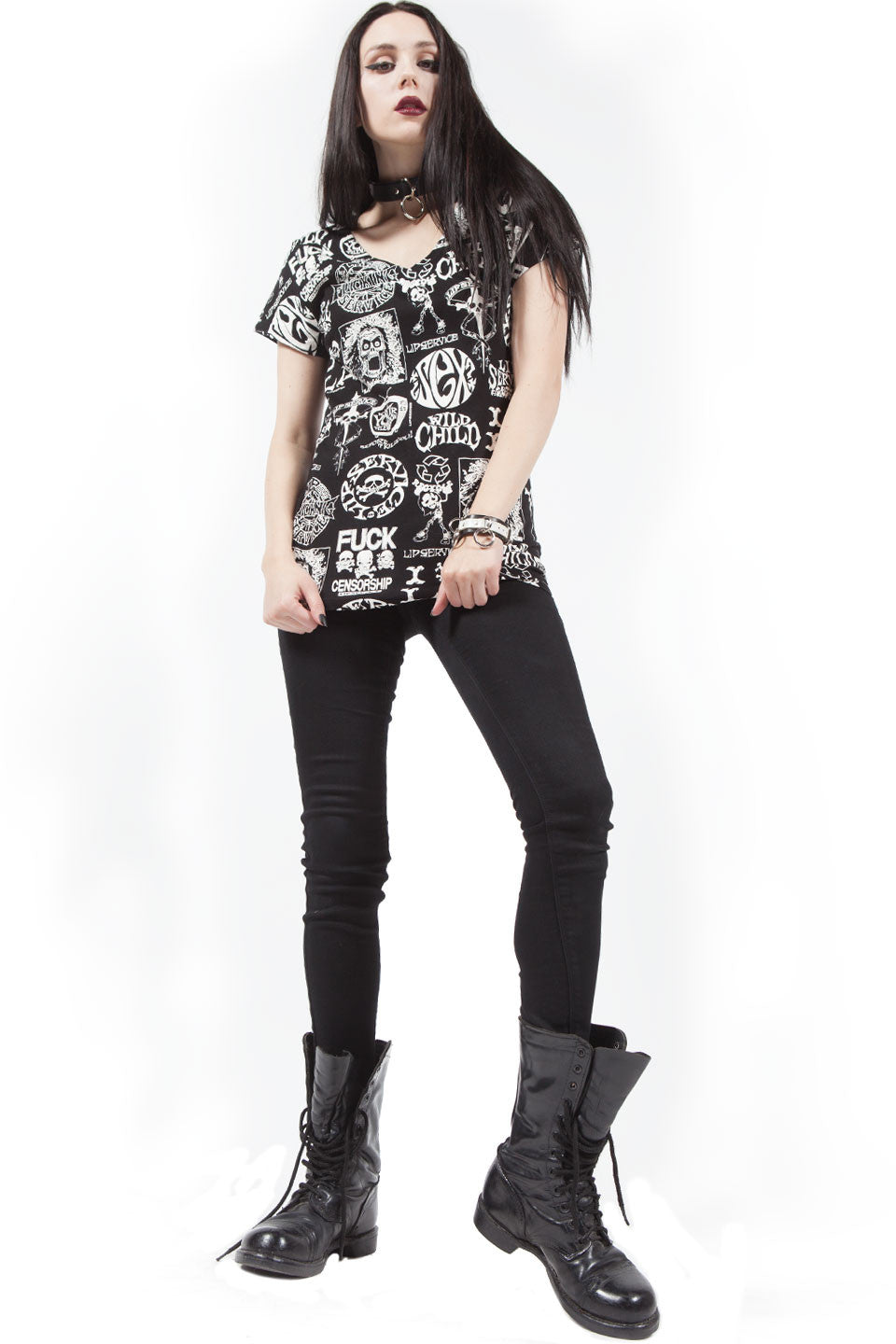 Multi Logo V-neck T-Shirt-Tops-Lip Service