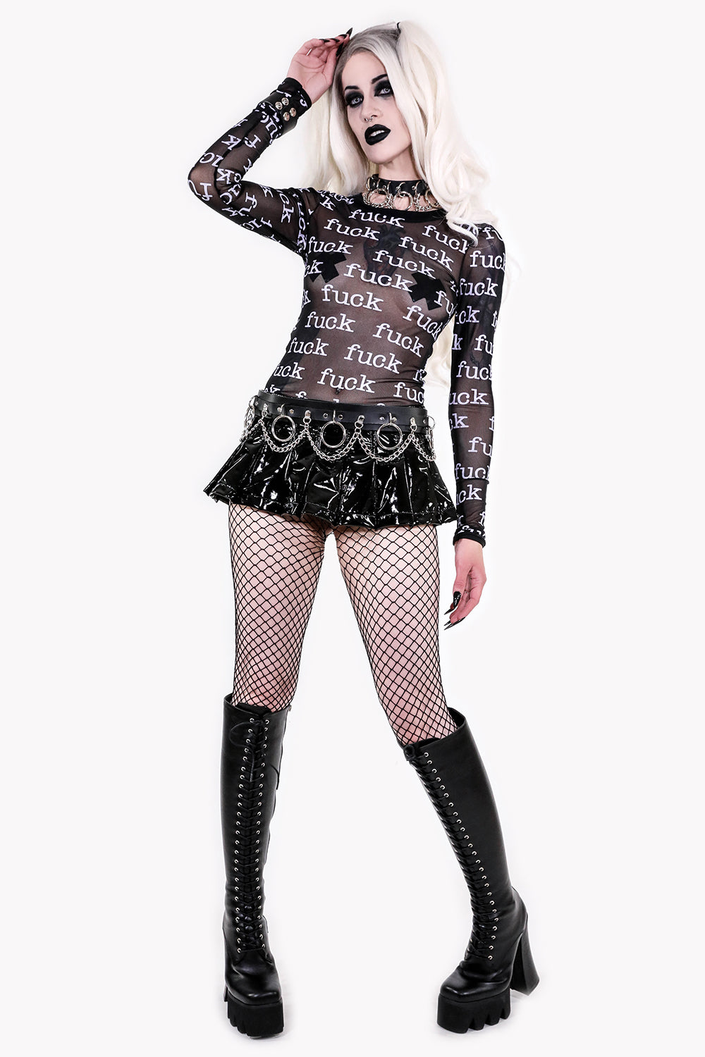 FUCK Print Sheer Mesh Long Sleeve Top-Tops-Lip Service
