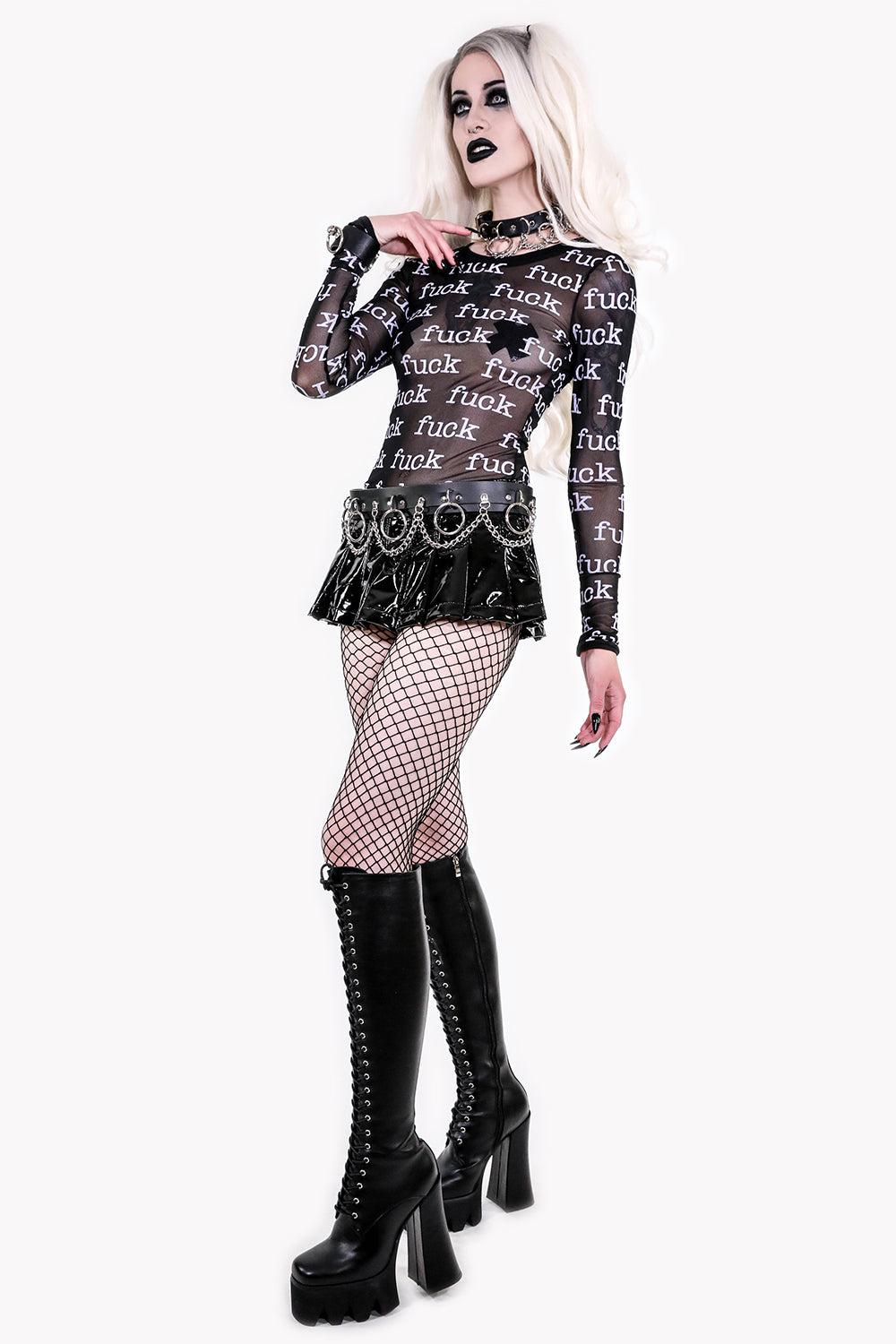 FUCK Print Sheer Mesh Long Sleeve Top-Tops-Lip Service