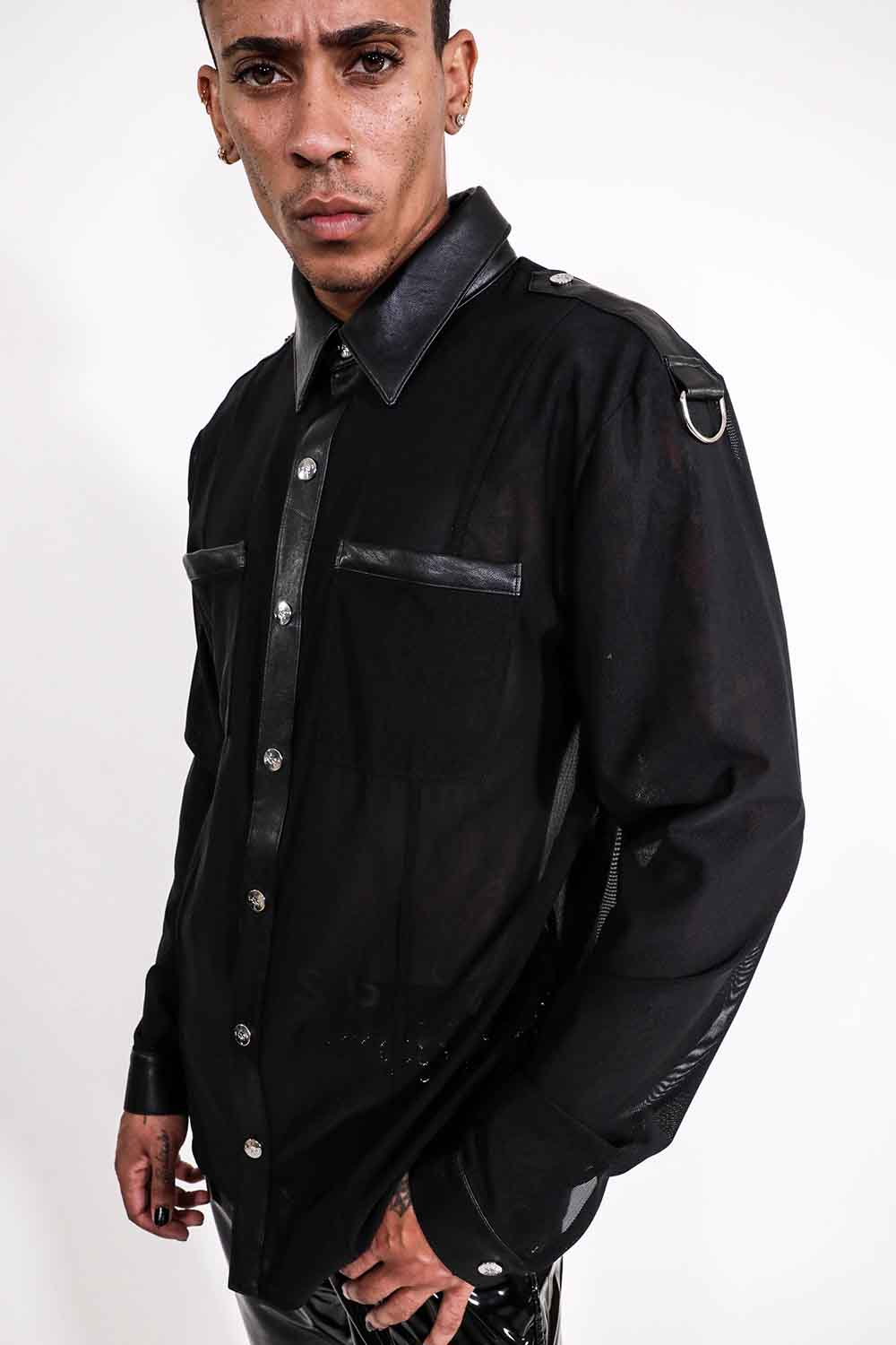 Men's Long Sleeve Mesh Top with PU details-Tops-Lip Service