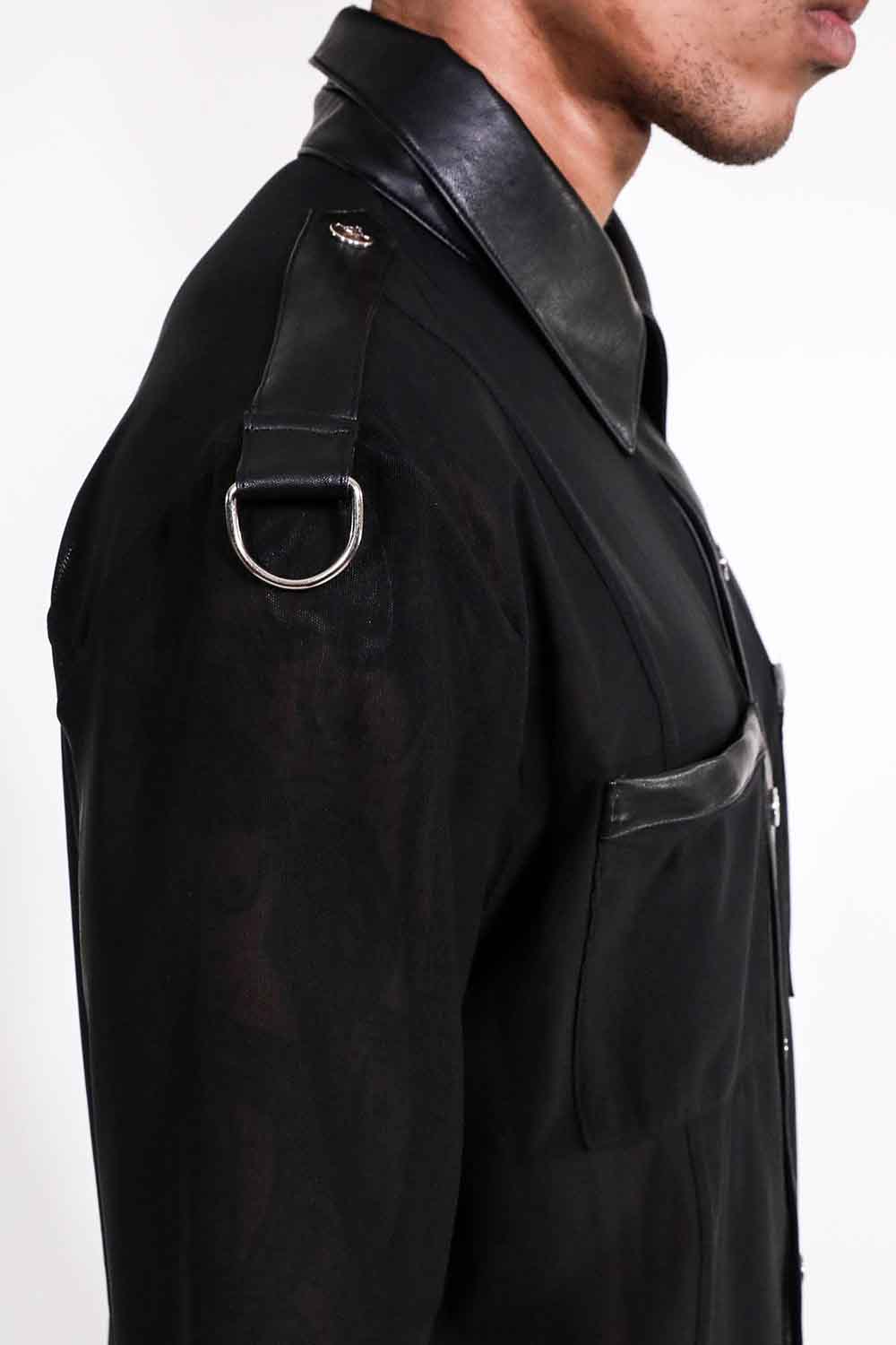 Men's Long Sleeve Mesh Top with PU details-Tops-Lip Service