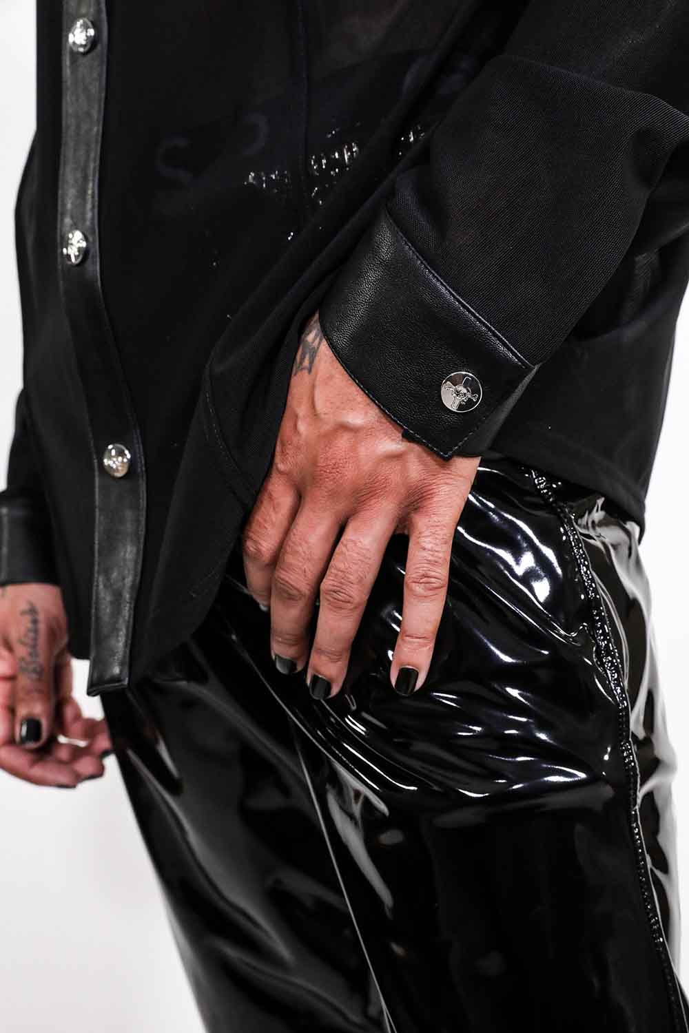 Men's Long Sleeve Mesh Top with PU details-Tops-Lip Service