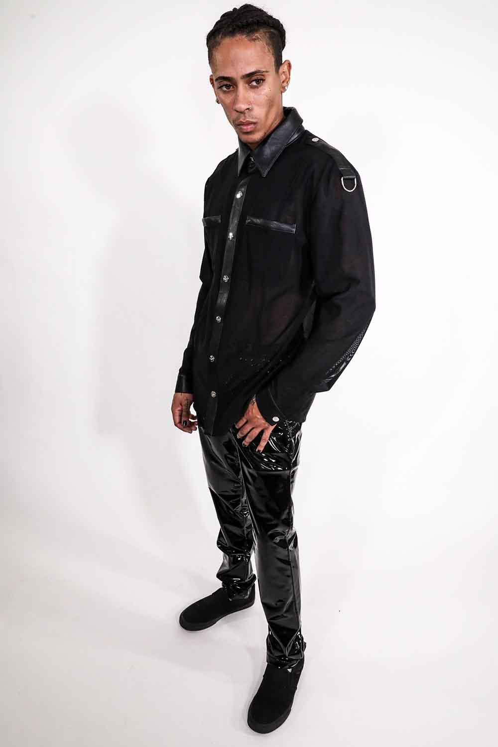 Men's Long Sleeve Mesh Top with PU details-Tops-Lip Service