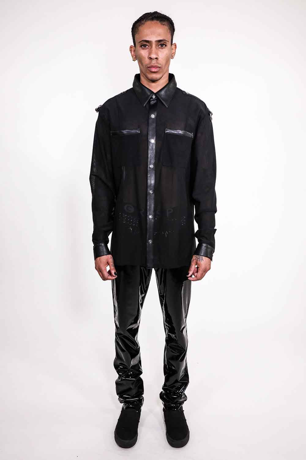 Men's Long Sleeve Mesh Top with PU details-Tops-Lip Service