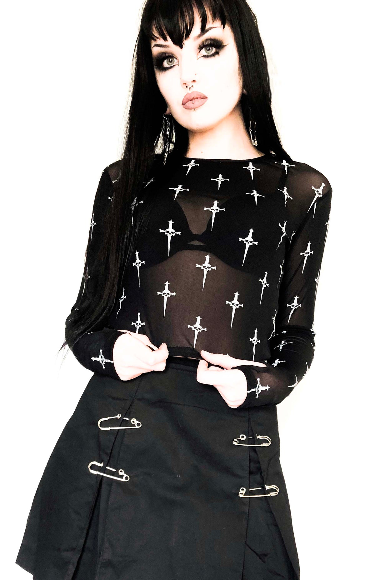 Dagger Mesh Sheer Logo Print Long Sleeve Top-Tops-Lip Service