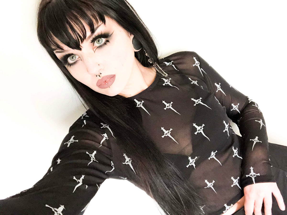 Dagger Mesh Sheer Logo Print Long Sleeve Top-Tops-Lip Service