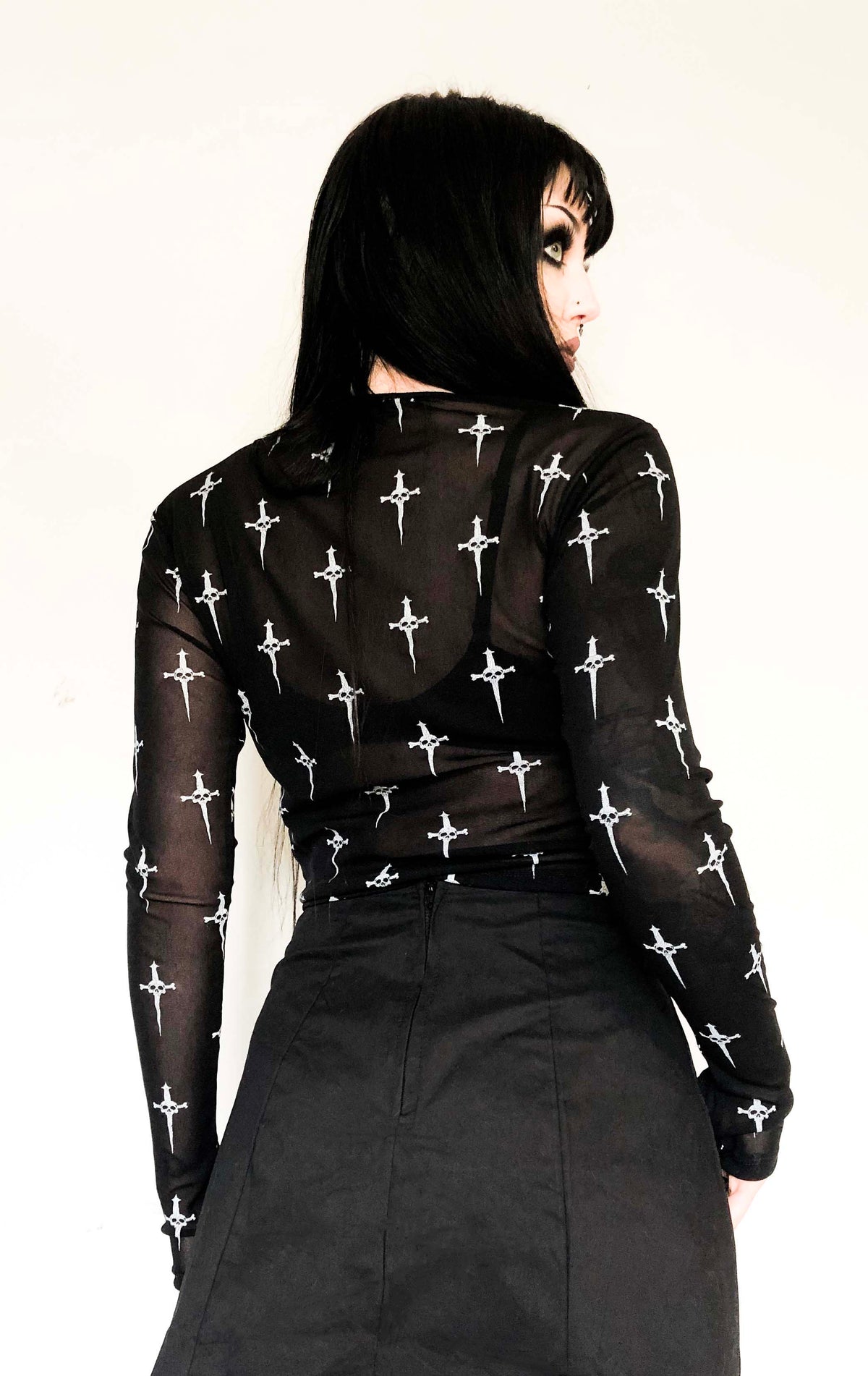 Dagger Mesh Sheer Logo Print Long Sleeve Top-Tops-Lip Service