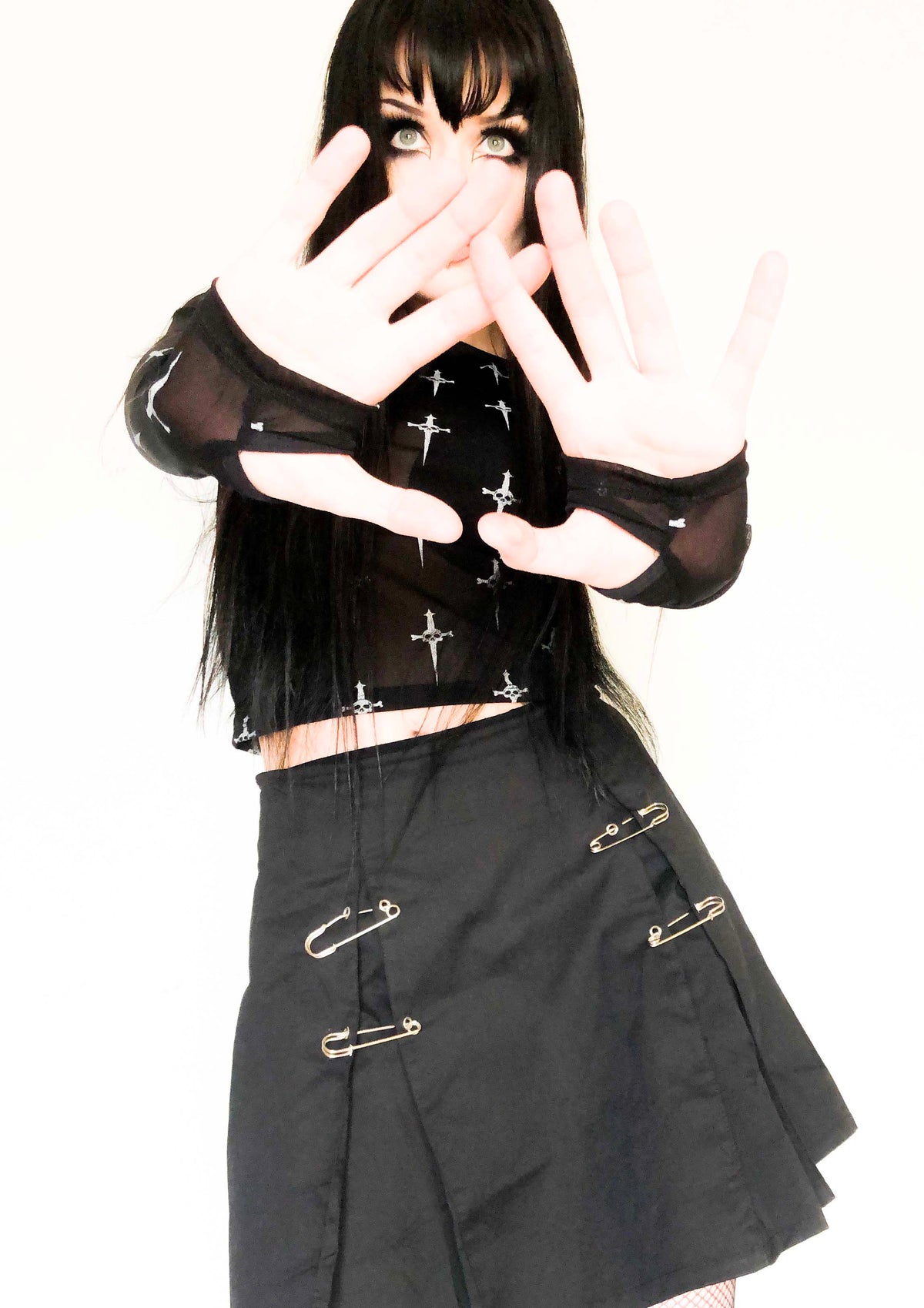 Dagger Mesh Sheer Logo Print Long Sleeve Top-Tops-Lip Service