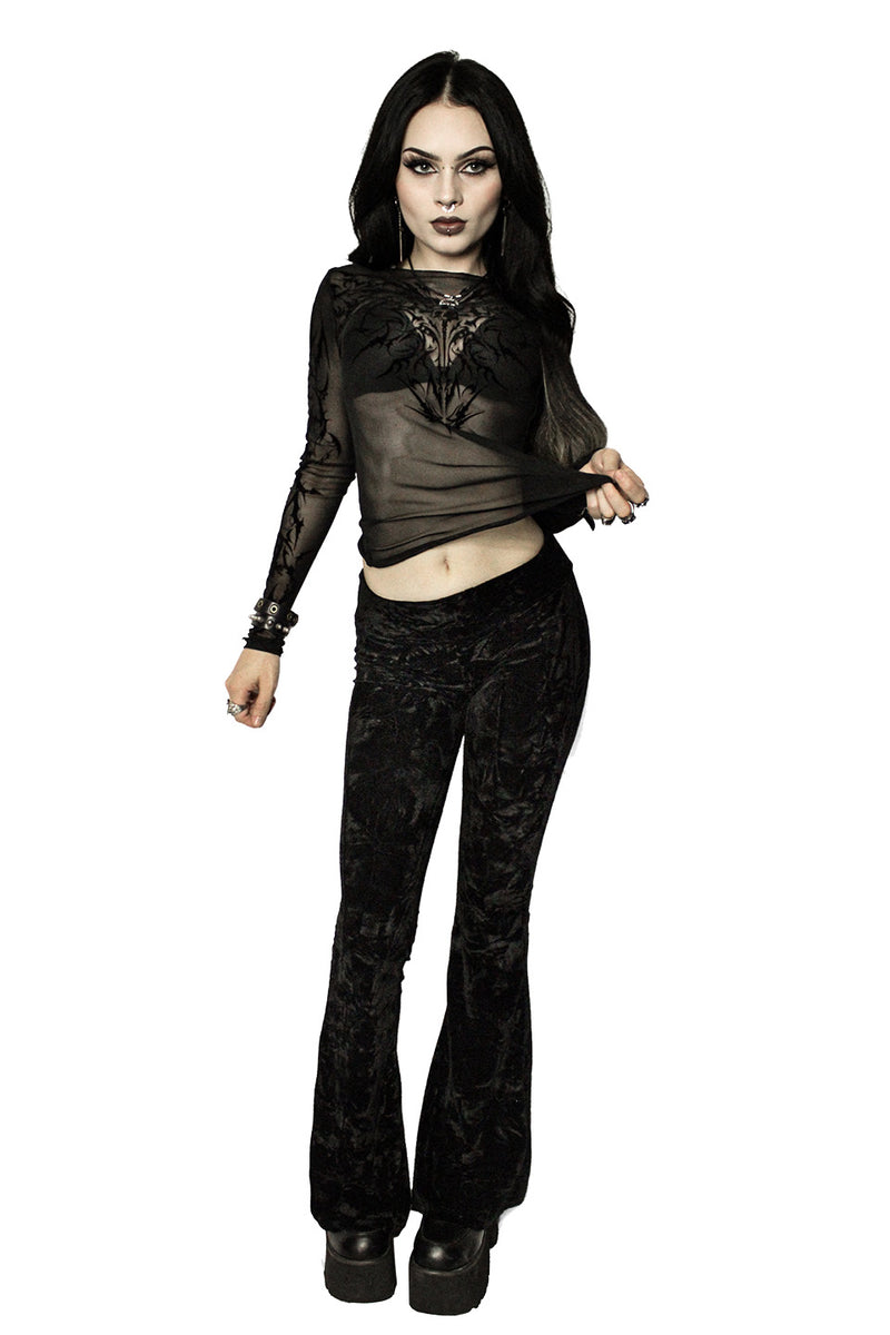 Hells Bells Midnight Black Velvet Bell Bottom Leggings-Leggings-Lip Service