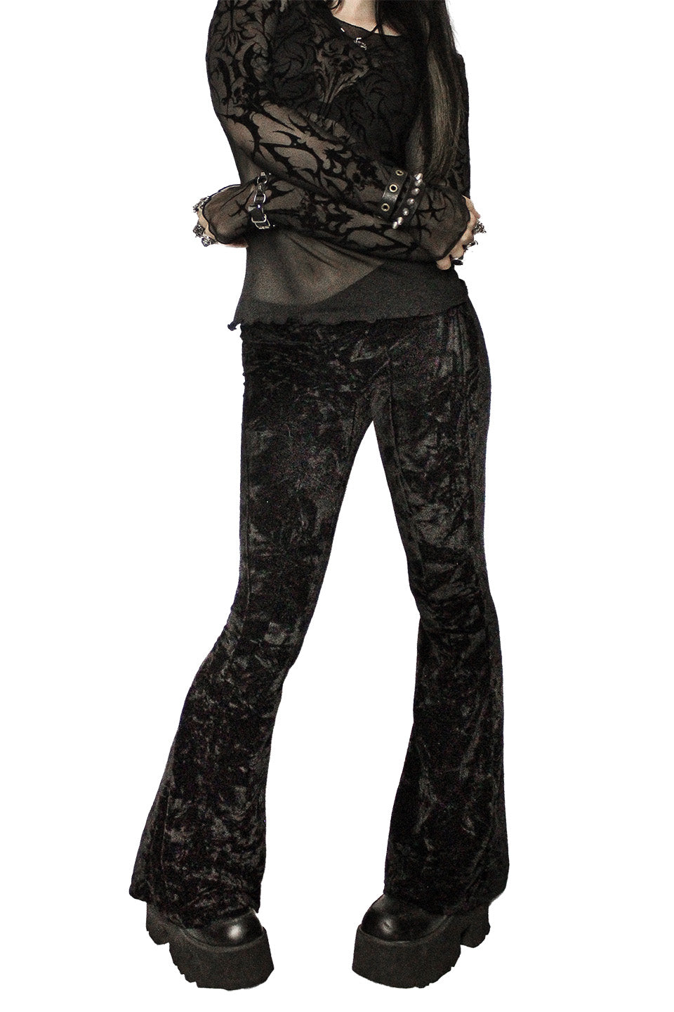 Hells Bells Midnight Black Velvet Bell Bottom Leggings-Leggings-Lip Service