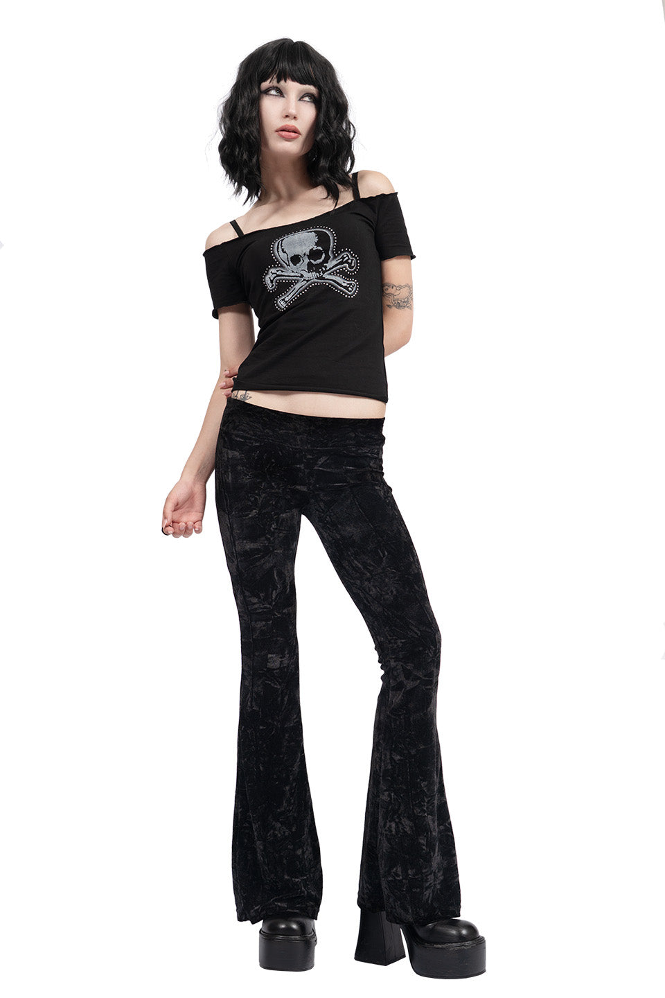 Hells Bells Midnight Black Velvet Bell Bottom Leggings-Leggings-Lip Service
