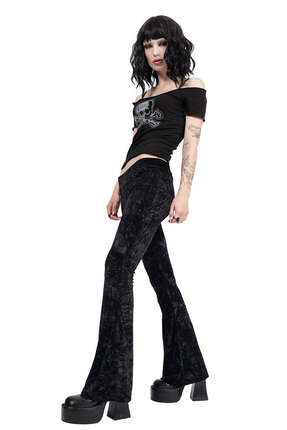 Hells Bells Midnight Black Velvet Bell Bottom Leggings-Leggings-Lip Service