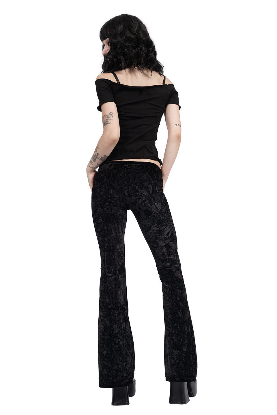 Hells Bells Midnight Black Velvet Bell Bottom Leggings-Leggings-Lip Service