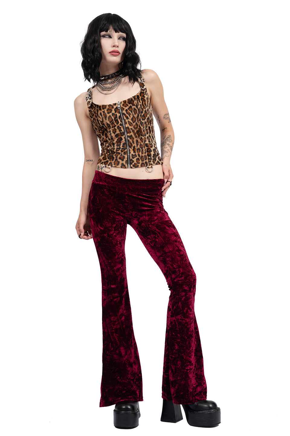 Hells Bells Brandy Burgundy Velvet Bell Bottom Leggings-Leggings-Lip Service