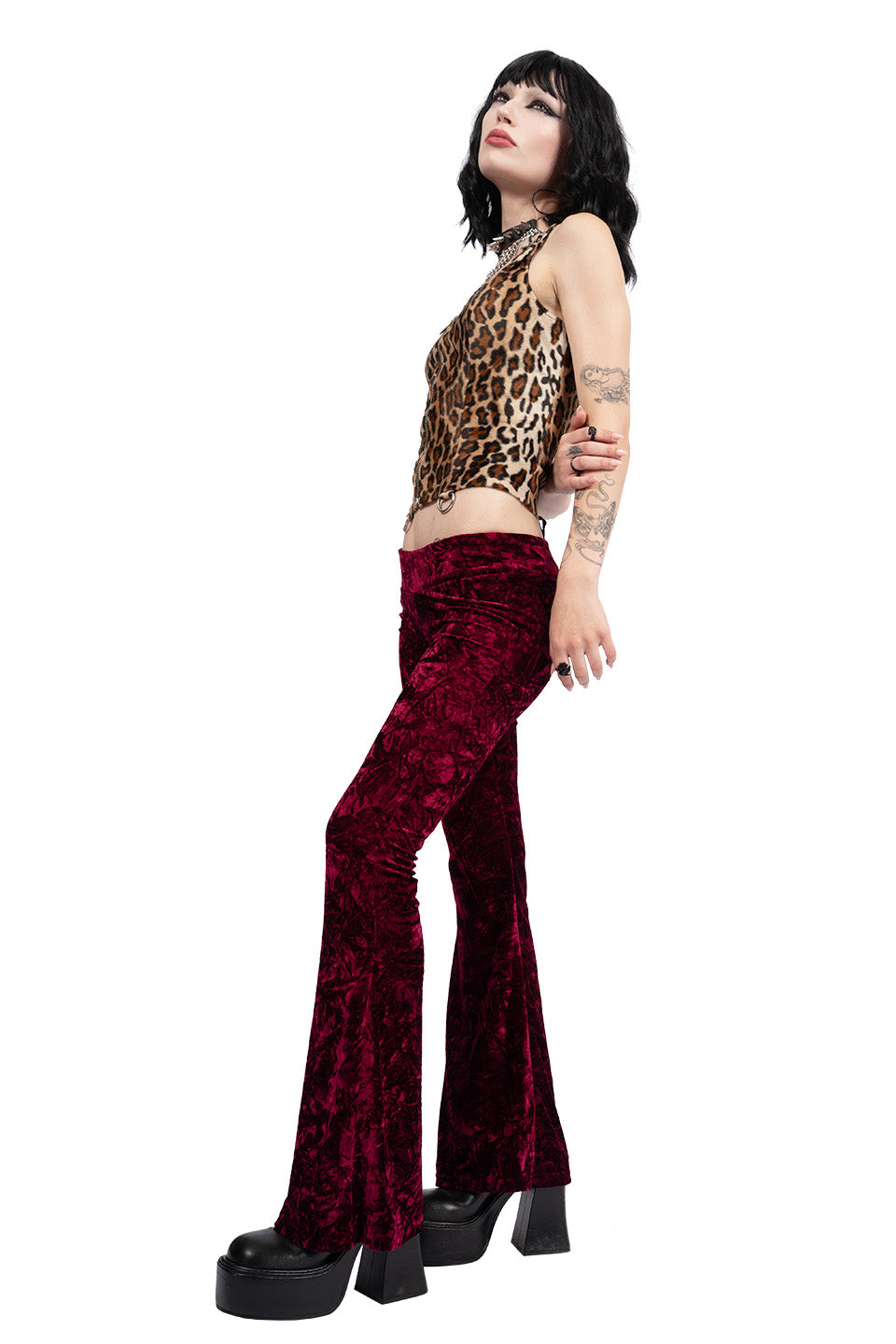 Hells Bells Brandy Burgundy Velvet Bell Bottom Leggings-Leggings-Lip Service