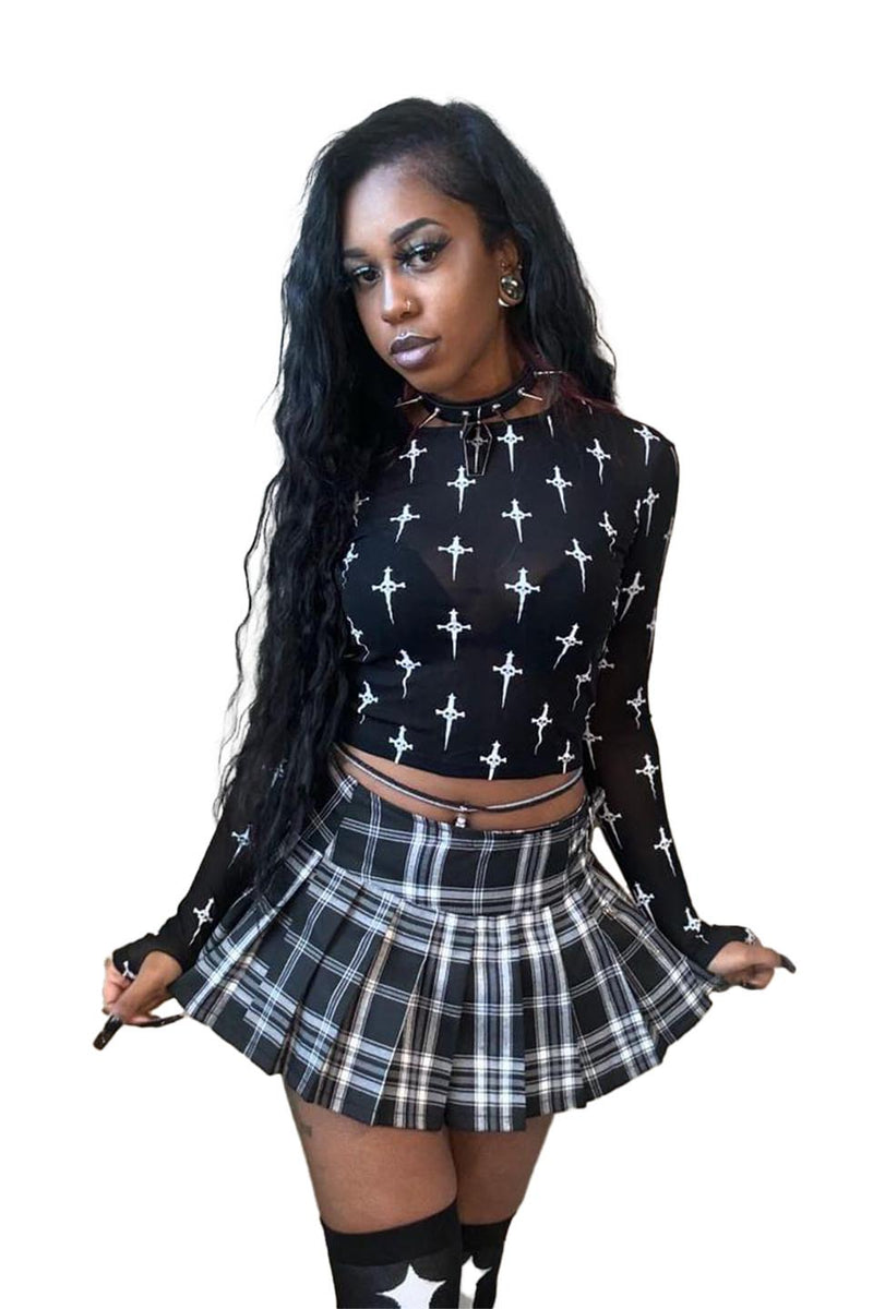 Dagger Mesh Sheer Logo Print Long Sleeve Top-Tops-Lip Service