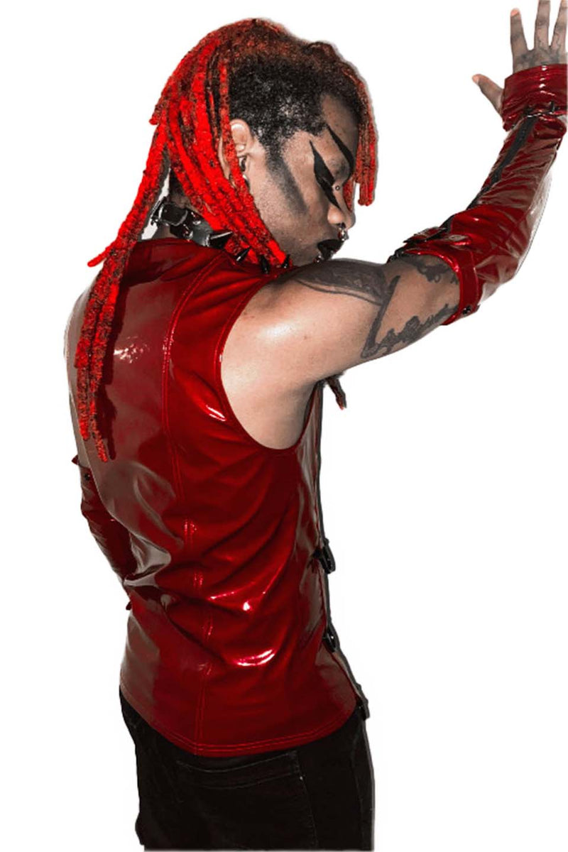 Men's Dungeon Master Sleeveless Vinyl PVC Shirt in Vampire Red-Tops-Lip Service