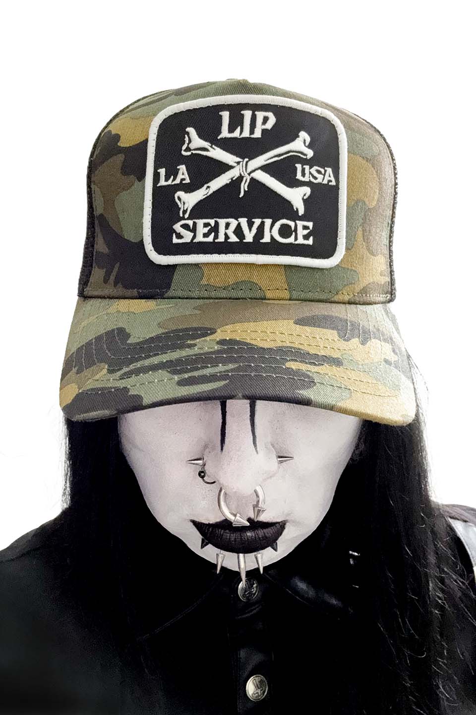 Cross Bones Patch Camo Trucker Snapback Hat-Accessories-Lip Service