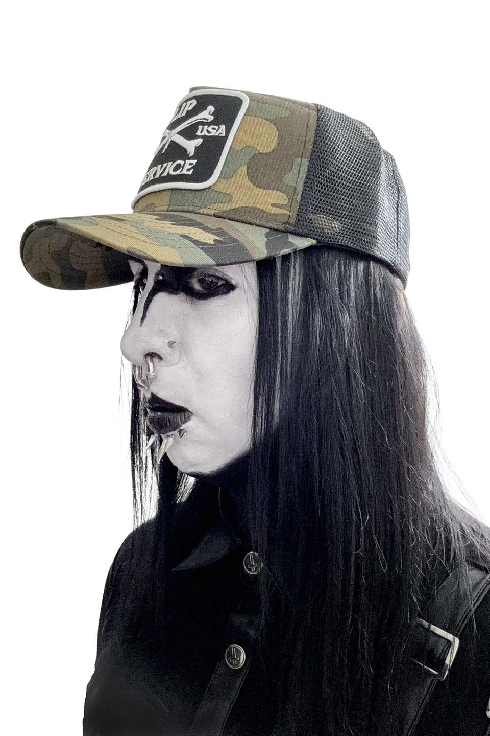 Cross Bones Patch Camo Trucker Snapback Hat-Accessories-Lip Service