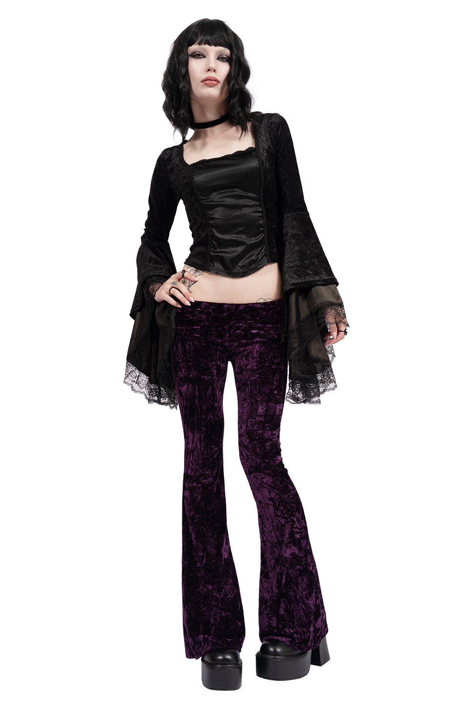 Hells Bells Amethyst Purple Velvet Bell Bottom Leggings-Leggings-Lip Service