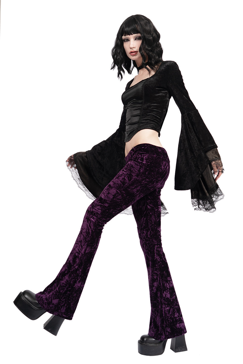 Hells Bells Amethyst Purple Velvet Bell Bottom Leggings-Leggings-Lip Service