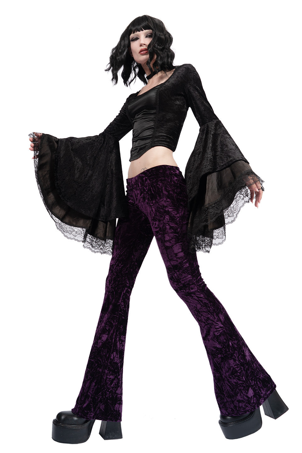 Hells Bells Amethyst Purple Velvet Bell Bottom Leggings-Leggings-Lip Service