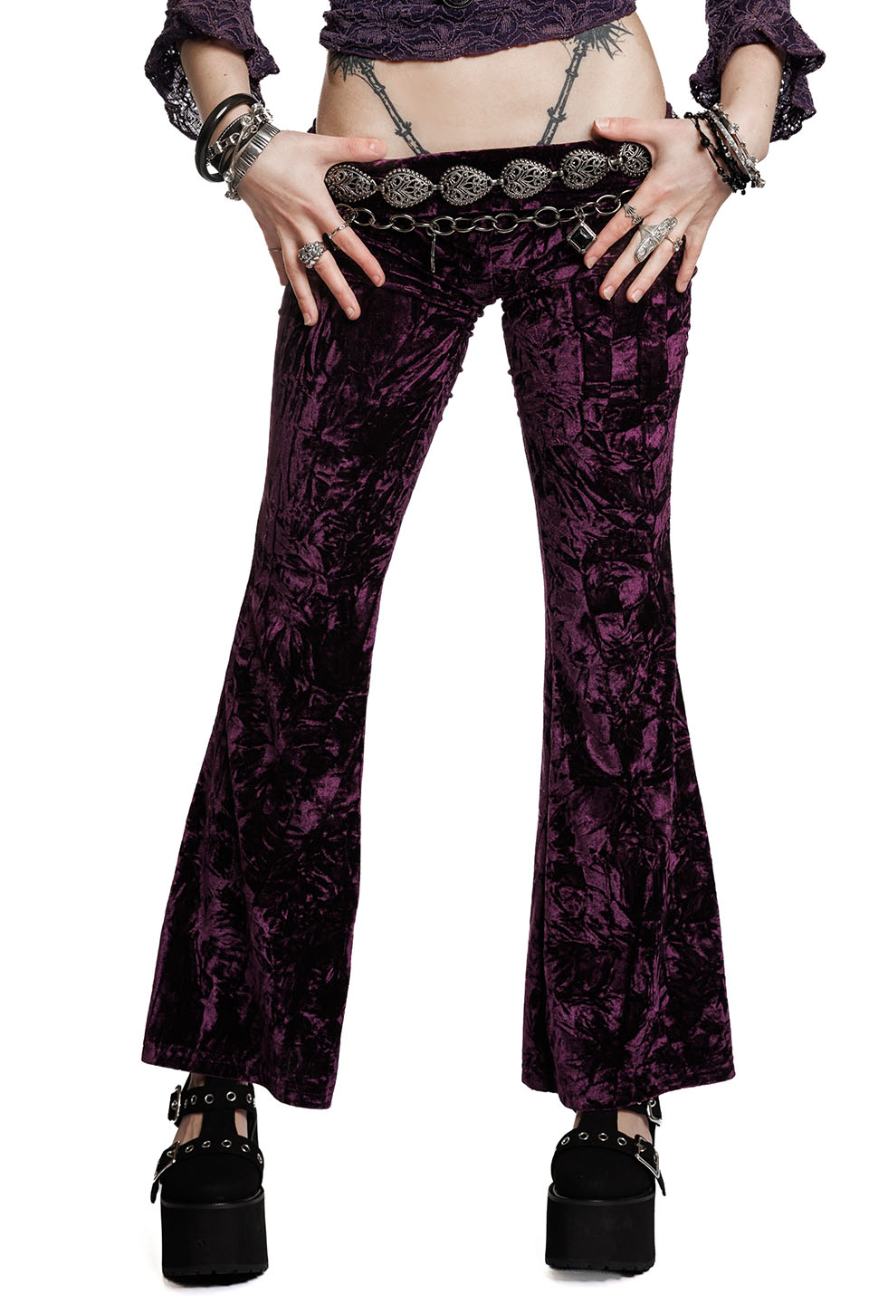 Hells Bells Amethyst Purple Velvet Bell Bottom Leggings-Leggings-Lip Service