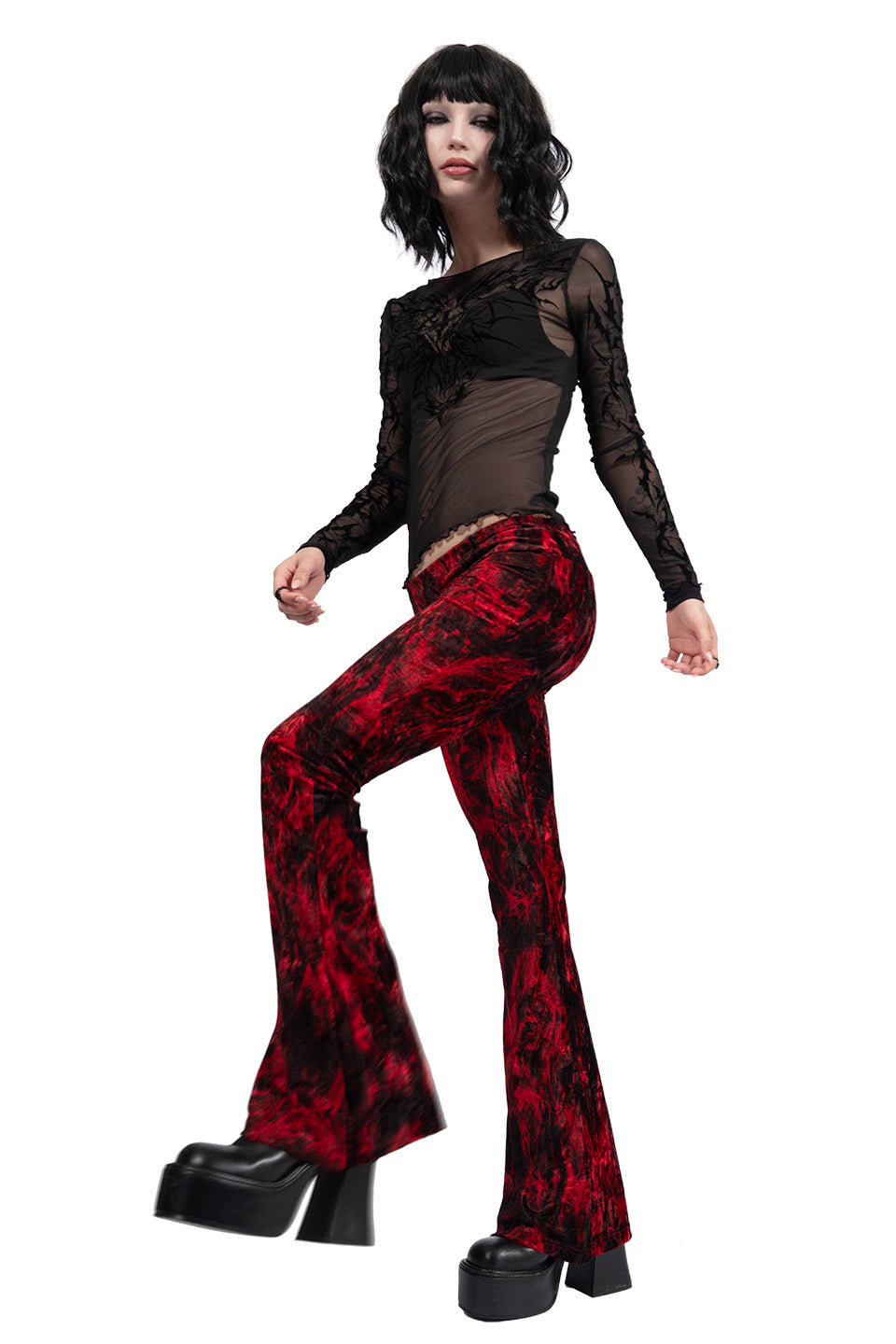 Hells Bells Crimson Tie Dye Velvet Bell Bottom Leggings-Leggings-Lip Service