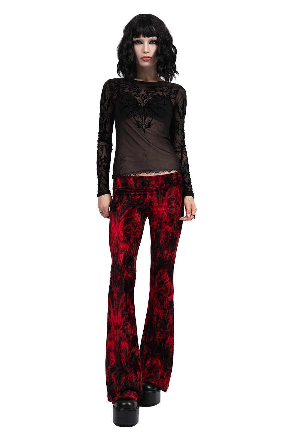 Hells Bells Crimson Tie Dye Velvet Bell Bottom Leggings-Leggings-Lip Service