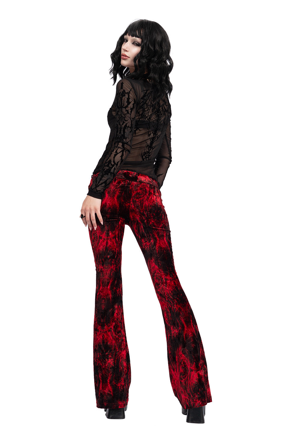 Hells Bells Crimson Tie Dye Velvet Bell Bottom Leggings-Leggings-Lip Service