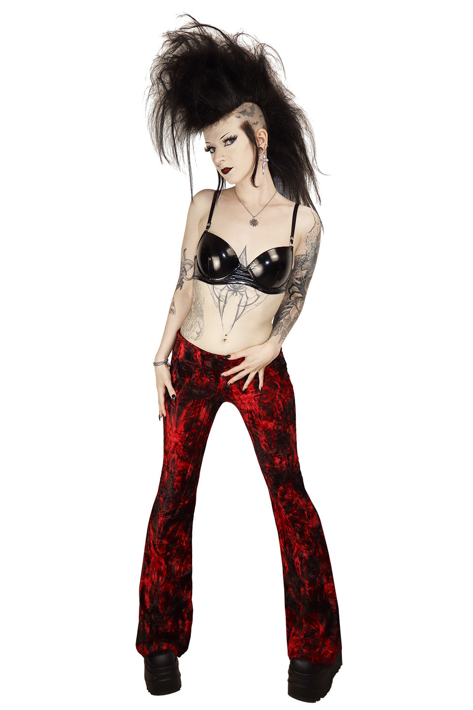 Hells Bells Crimson Tie Dye Velvet Bell Bottom Leggings-Leggings-Lip Service