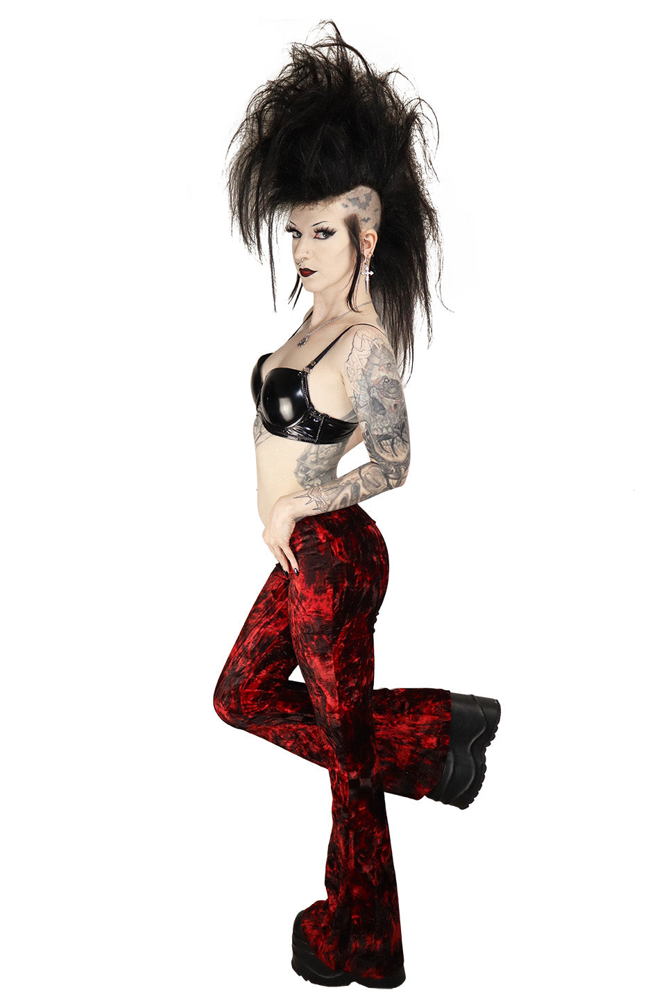 Hells Bells Crimson Tie Dye Velvet Bell Bottom Leggings-Leggings-Lip Service