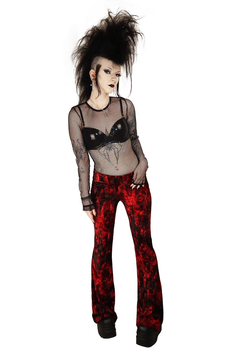 Hells Bells Crimson Tie Dye Velvet Bell Bottom Leggings-Leggings-Lip Service