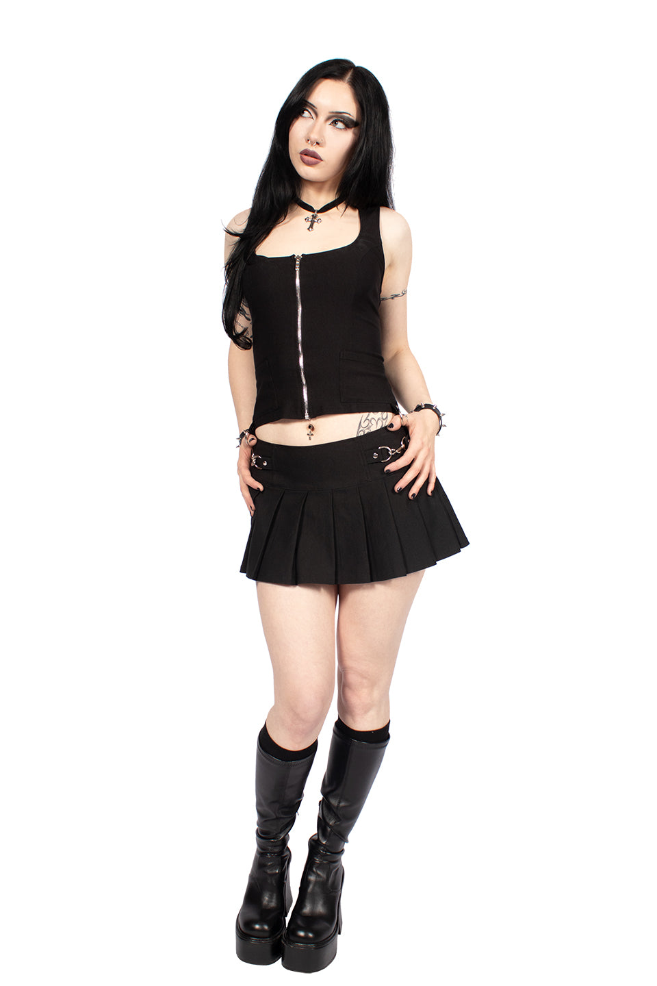 Solid Black Gangsta Pranksta Pleated Skirt - Dita-Skirts-Lip Service