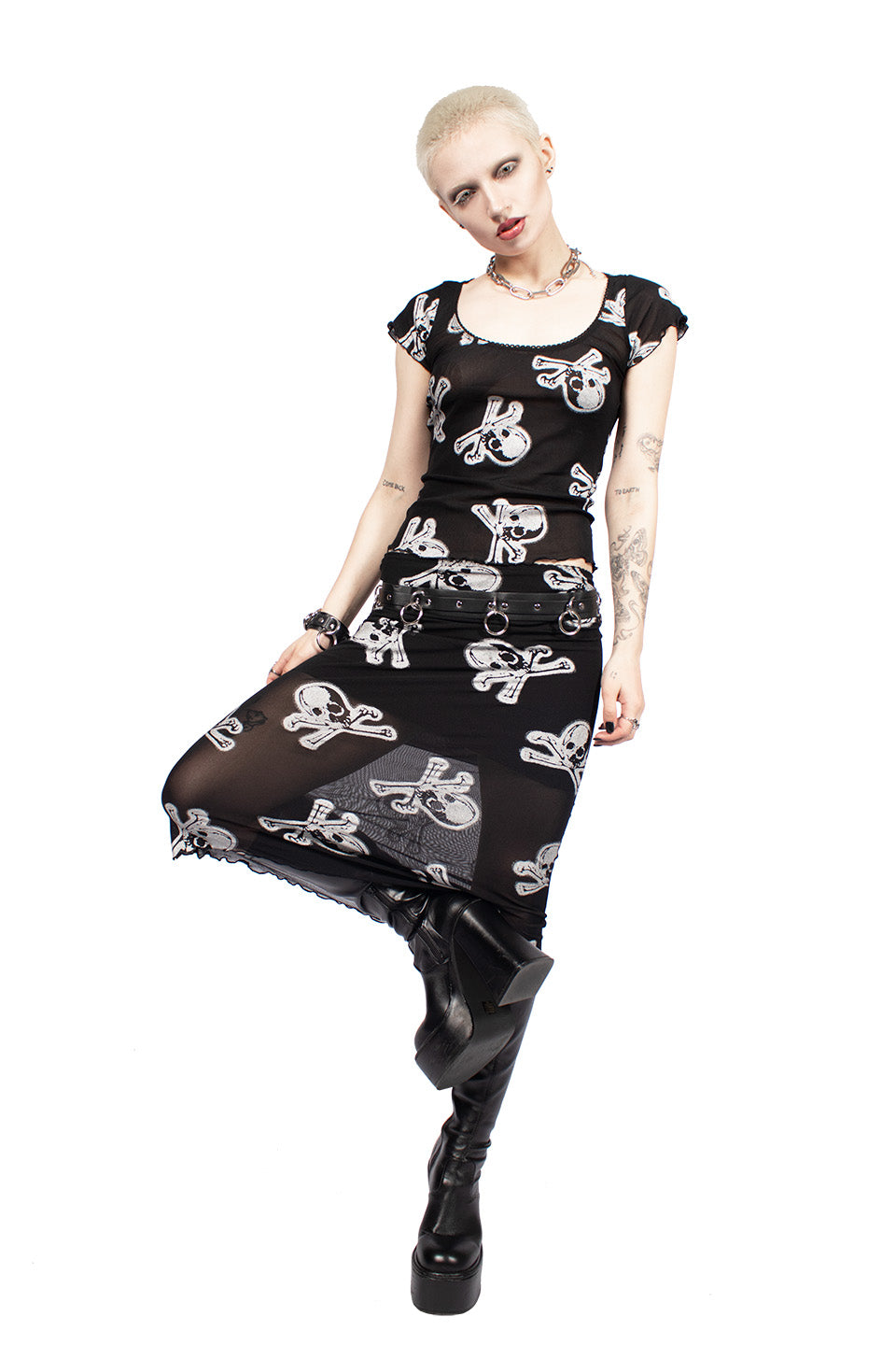 Silver Skully Mesh Midi Skirt-Skirts-Lip Service