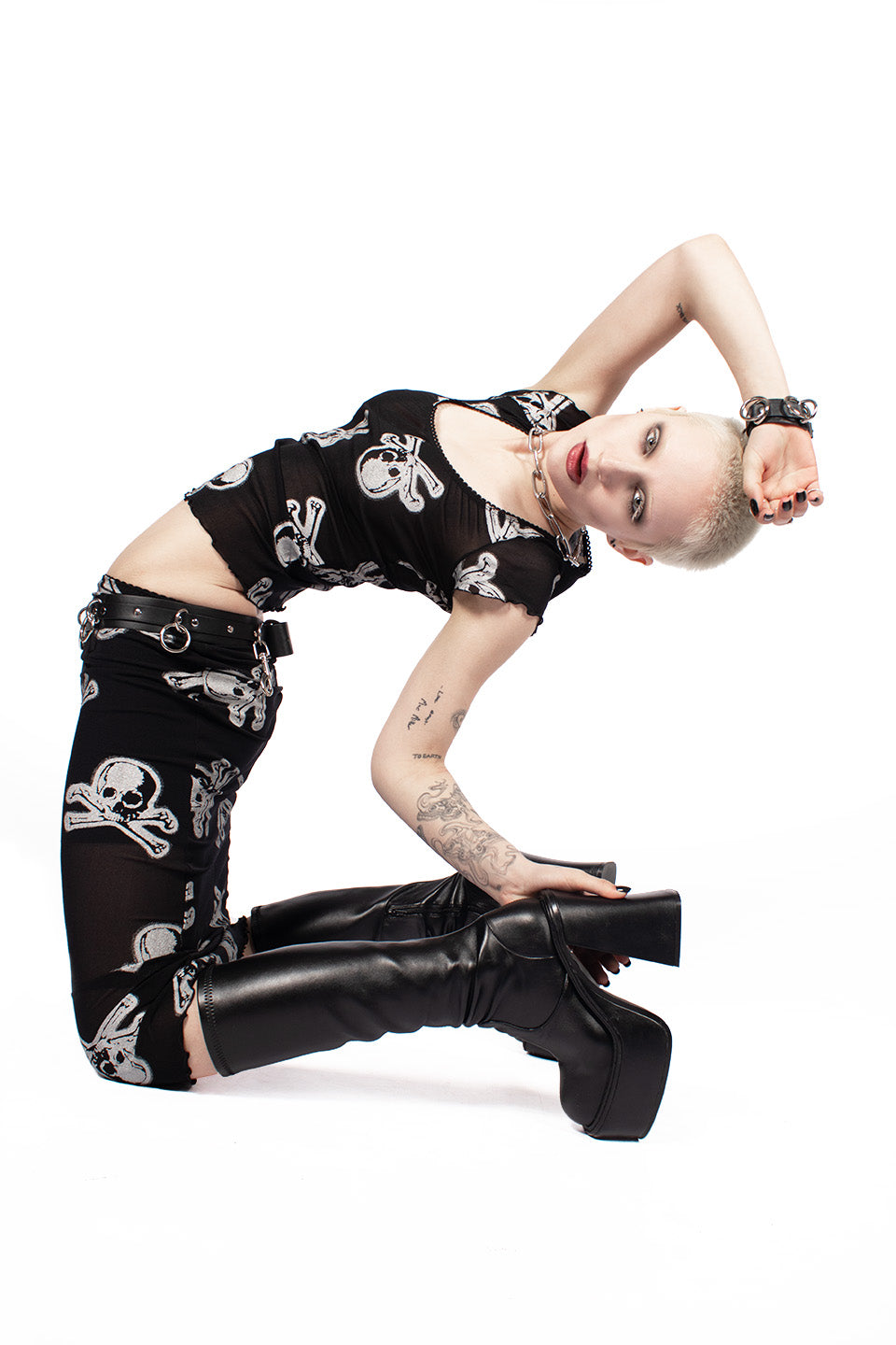 Silver Skully Mesh Baby Tee-Tops-Lip Service